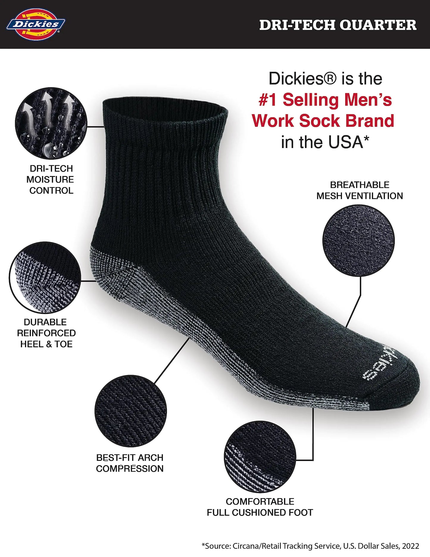 Dickies Men's Dri-tech Moisture Control Quarter Socks, Available in M-XXL (6, 12, 18 Pairs) Medium Black (12 Pairs)