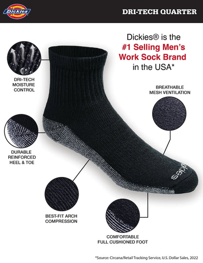 Dickies Men's Dri-tech Moisture Control Quarter Socks, Available in M-XXL (6, 12, 18 Pairs) Medium Black (12 Pairs)