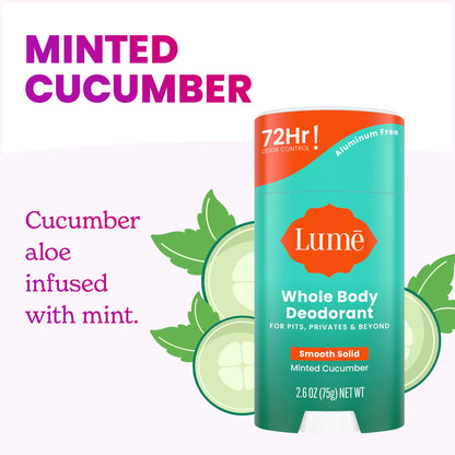 Lume Whole Body Deodorant - Smooth Solid Stick - 72 Hour Odor Control - Aluminum Free, Baking Soda Free and Skin Safe - 2.6 Ounce (Pack of 2) (Minted Cucumber) Minted Cucumber 2.6 Ounce (Pack of 2)