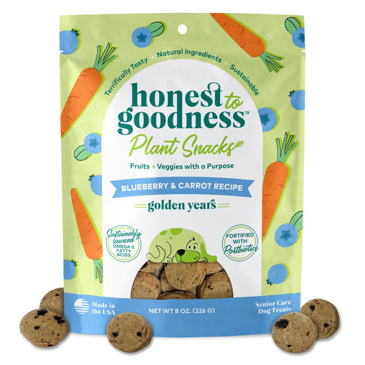Honest to Goodness Plant Snacks Golden Years Blueberry & Carrot Recipe Dog Treats Enriched with Omega 3s & Postbiotics 8oz
